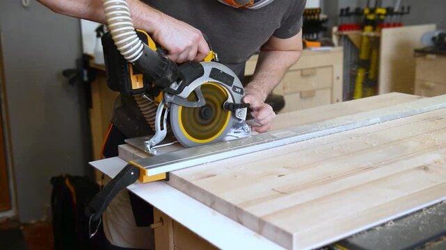 Close up view of Carpenter using electric circular saw to cut wood during construction or renovation work. Close up view of power tool in action in a workshop.