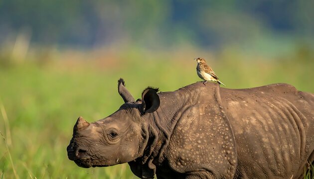 Rhinoceros and oxpecker bird in savannah.