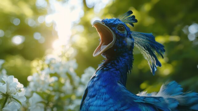 Peacock calling in flowers garden; wildlife nature photography