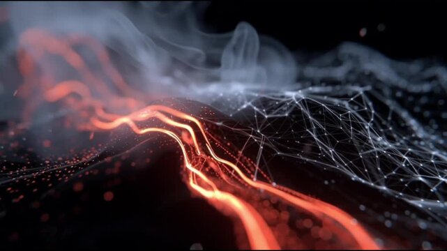 Chemical energy fuel innovation. Battery potential sustainability. Combustion dynamics. Abstract digital network visualization with glowing red and white lines