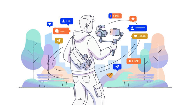 Mobile Social Media Creator Filming Content In Minimal Thin Line Vector Style