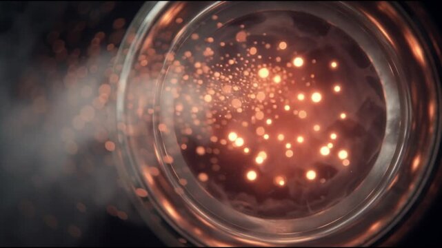 Chemical energy fuel innovation. Battery potential sustainability. Combustion dynamics. Close-up of glowing orange particles inside a circular glass container with smoke
