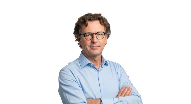 Professional man with glasses and crossed arms, isolated on transparent background