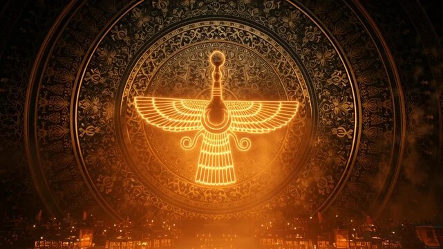 Glowing Faravahar symbol above ritual fire at night during ancient Persian religious ceremony.