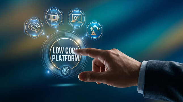 Hand interacting with digital low code platform interface