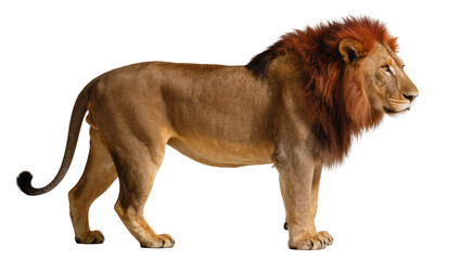 Majestic male lion with full mane standing profile, isolated on transparent background © PROSTOCK