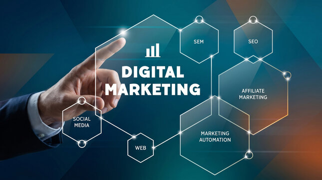 Businessman pointing at digital marketing infographic on screen