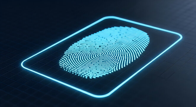 Glowing blue digital fingerprint scanner icon