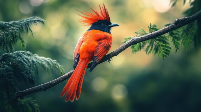 Colorful bird perched on branch in forest