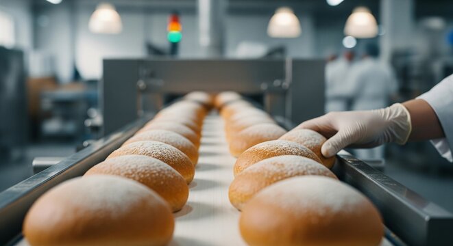 Freshly baked bread rolls dusted with flour move along an industrial conveyor belt with workers in the background