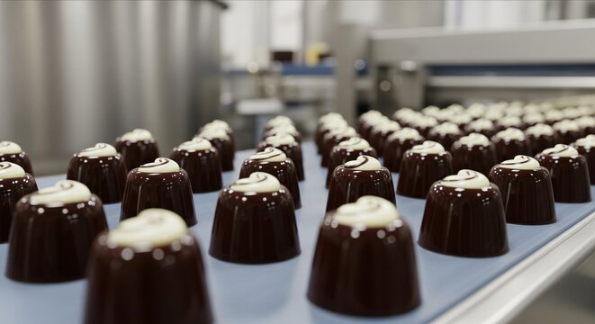 Rows of gourmet dark chocolates with white cream filling on a production line