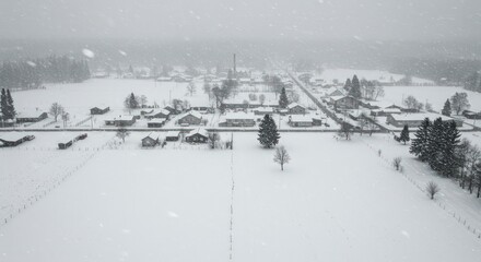 Fototapeta premium Aerial view of rural village covered in deep winter snow.