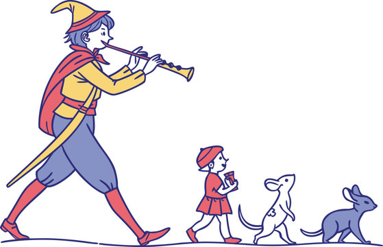 Pied Piper of Hamelin Illustration. Hamelin Rat Catcher Story Art. Medieval Pied Piper Scene. Fairy Tale Pied Piper Design. Hamelin Town Story Illustration. Pied Piper Fantasy Artwork. Classic Rat Cat