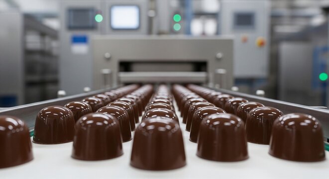 Chocolate candies moving on an automated conveyor belt in a factory candy