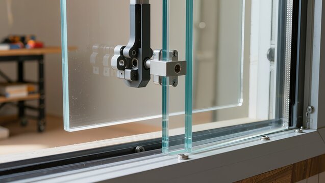 Detail of a mechanical glass clamp and automatic actuator on a sliding window system. Concept of smart home hardware, architectural glass fittings, and window security mechanisms