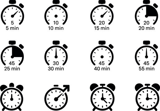Black silhouette vector illustration of stopwatch and alarm clock icons showing multiple time intervals for scheduling and time management concept