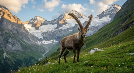 Fototapeta premium Alpine Ibex standing in green mountain valley landscape.