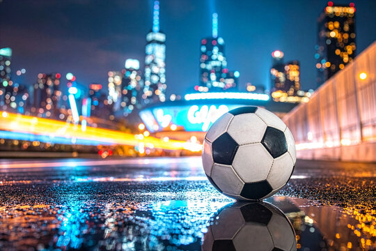Glossy soccer ball on a wet urban surface, reflecting the Manhattan skyline and stadium lights at night, shallow depth of field, neon blues and warm ambers, photorealistic_l