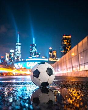 Glossy soccer ball on a wet urban surface, reflecting the Manhattan skyline and stadium lights at night, shallow depth of field, neon blues and warm ambers, photorealistic