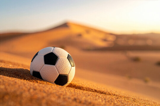 Black-and-white soccer ball half-buried in fine red desert sand, tiny sand grains in sharp focus scattered across the ball surface, vast blurred Sonoran desert and heatwave 