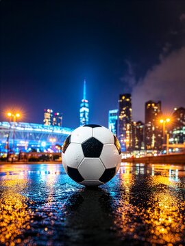 Glossy soccer ball on a wet urban surface, reflecting the Manhattan skyline and stadium lights at night, shallow depth of field, neon blues and warm ambers, photorealistic_l