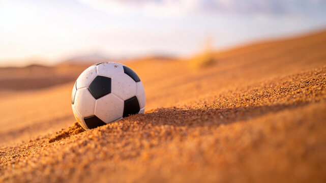 Black-and-white soccer ball half-buried in fine red desert sand, tiny sand grains in sharp focus scattered across the ball surface, vast blurred Sonoran desert, and heatwave 