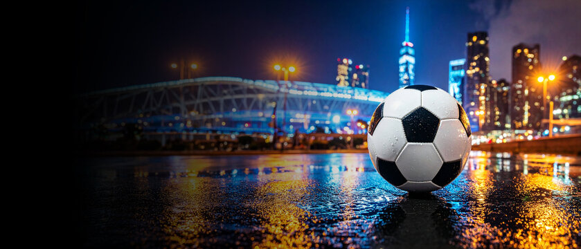 Glossy soccer ball on a wet urban surface, reflecting the Manhattan skyline and stadium lights at night, shallow depth of field, neon blues and warm ambers, photorealistic