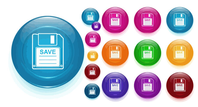 Collection of colorful save icons representing floppy disk data storage.