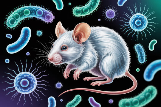 White laboratory mouse with neon glowing bacteria microbes on dark background, microbiology research