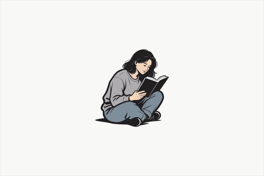 Young woman reading a book in flat vector style, perfect for education, learning, literature, study, relaxation, and lifestyle design themes. Vector illustration.