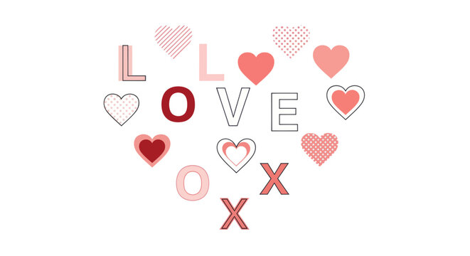 Valentine's Day abstract graphic with LOVE and XO text surrounded by hearts