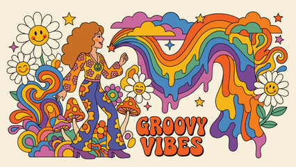 Fototapeta premium Vibrant retro 70s psychedelic illustration of a woman dancing with flowers and mushrooms under a melting rainbow, capturing the free-spirited summer era