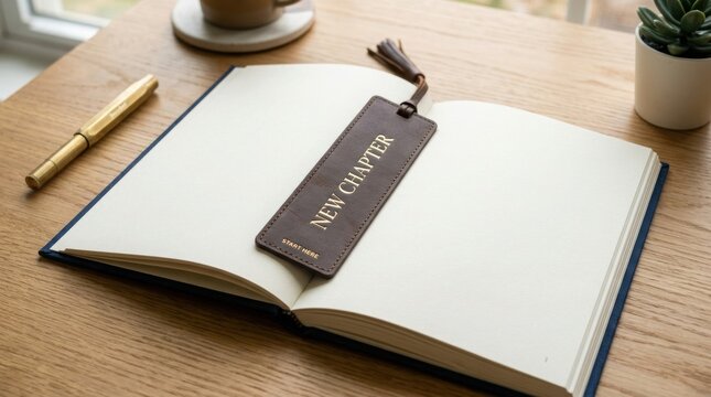 An open notebook on a wooden desk with a brown leather bookmark with new chapter text and a golden pen