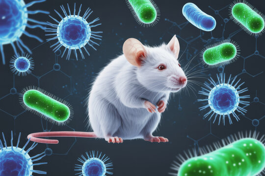 White laboratory mouse with blue virus illustrations, viral infection research concept
