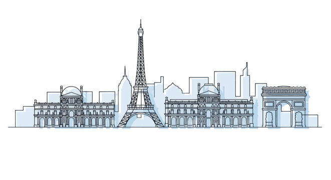 Stylized line art of the Paris skyline with iconic landmarks.