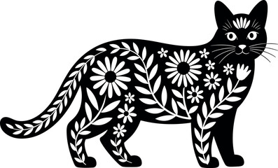Fototapeta premium Vector illustration of decorative floral cat symbolizing nature, elegance, artistic design, symmetry, and creative artwork
