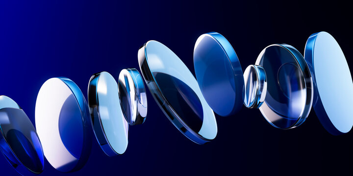 3D exploded lens array with floating part on blue background