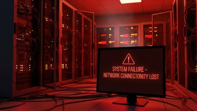 System failure and network connectivity issue in a server room illuminated in red tones
