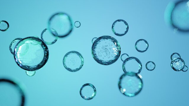 水の中に浮かぶ透明な泡と水滴の3D抽象デザイン / 3D abstract design of transparent bubbles and water droplets floating in water
