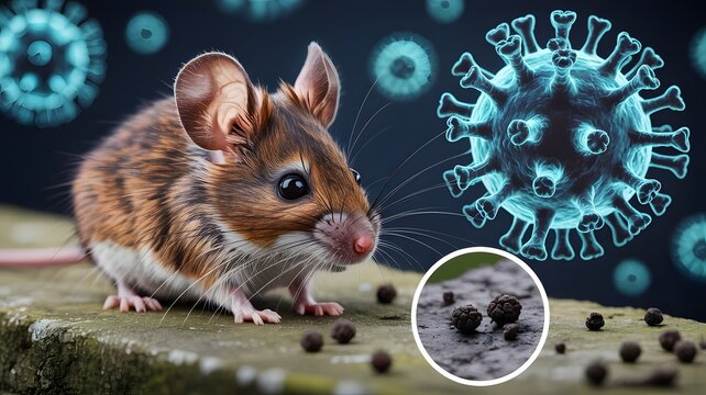 Mouse on Wooden Surface with Virus Close Up Hantavirus Concept Background