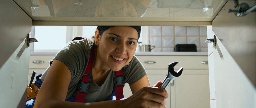 Smiling confident Hispanic female plumber holding wrench under kitchen sink, authentic woman in skilled trades workplace empowerment, editorial blue collar professional portrait