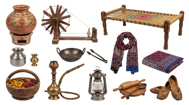 Traditional Indian village life objects set, vintage rural household items collection, antique Punjabi cultural artifacts on white background