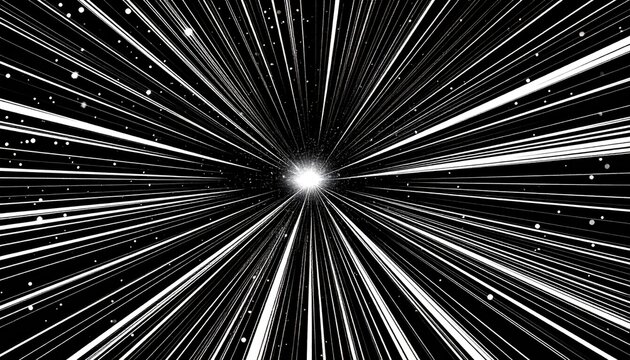 A stark black and white depiction of a bright light source emitting rays outward, suggesting motion and speed