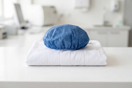 Commercial Closeup of Folded White Lab Coat and Blue Disposable Medical Scrubs Cap