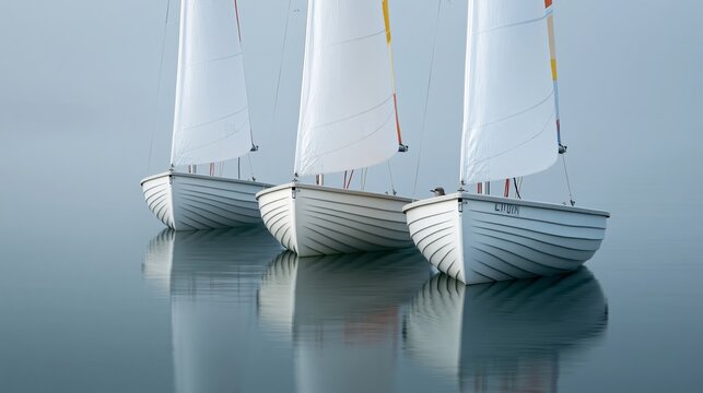 Three white sailboats with billowing sails anchored in calm water, reflecting their image on the smooth surface, surrounded by a misty atmosphere
