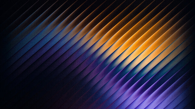 Grainy ribbed abstract background with diagonal lines and a gradient of blue, purple, and orange light, textured surface design
