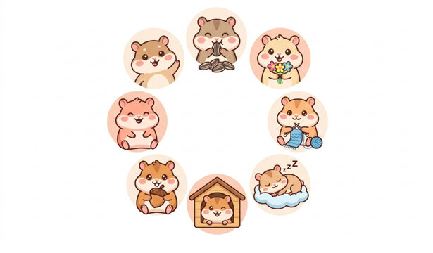 Cute Hamster Icon Set Featuring Hamsters with Food, Toys, Sleeping, and Homes for Playful and Adorable Illustrations