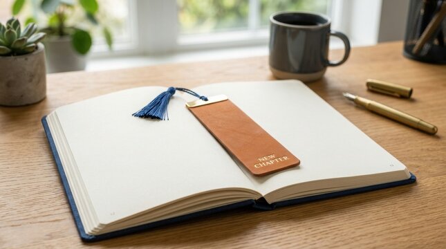 An open notebook on a wooden desk with a brown leather bookmark with new chapter text and a pen