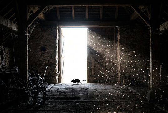 Silhouette of rat running across bright barn doorway with dust