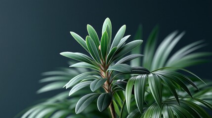 Fototapeta premium Close-up of lush green indoor plant leaves with a dark background, showcasing intricate leaf patterns and textures in a modern home decor setting